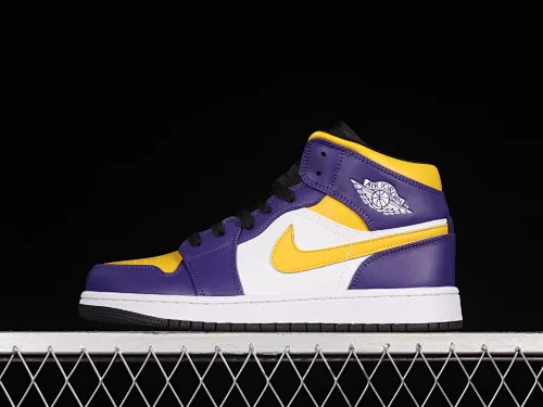 All categories Air Jordan Jordan series basketball shoes Air Jordan 1 Mid Air Jordan 1 Mid "Lakers" AJ1 Joe 1 Lakers color matching Zhongbang basketball shoes DQ8426-517